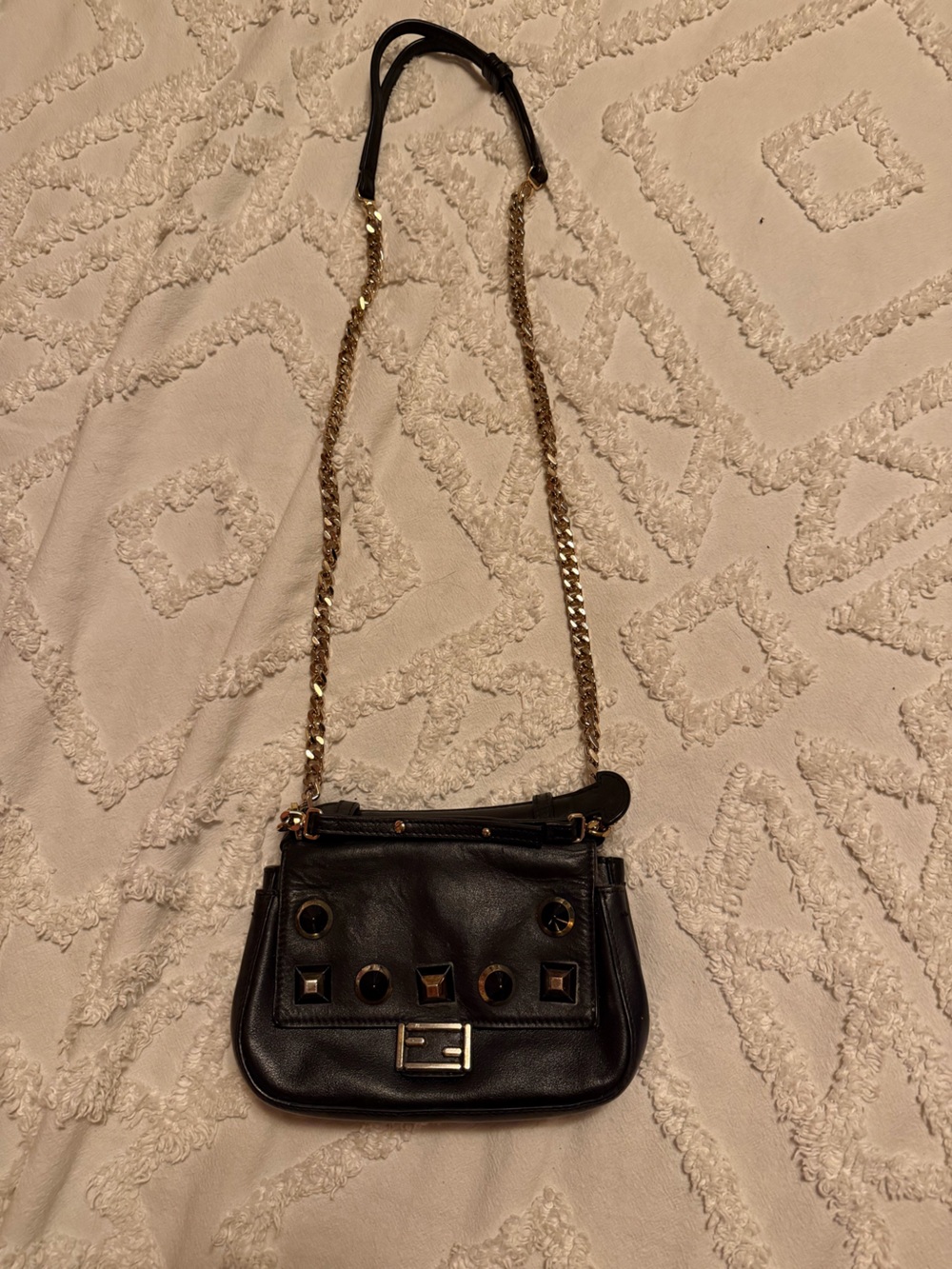Vintage Y2K Fendi Black Leather Crossbody with Gold Chain and Stud Accents